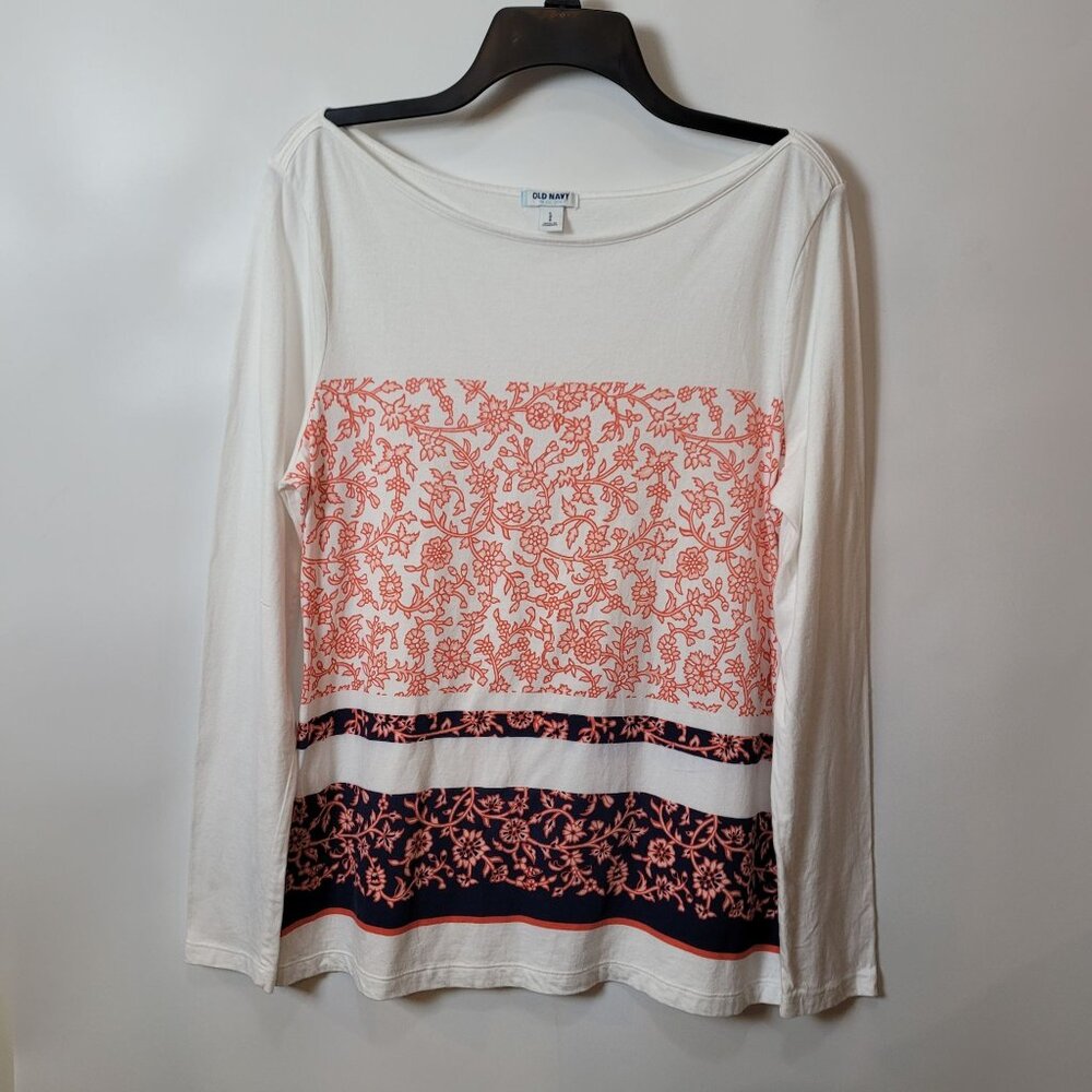Old Navy Womens Long Sleeve Floral Print Shirt Size L White Orange & Navy